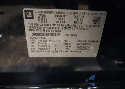 2015 Chevrolet Silverado 1500 1Lz z USA, uszkodzony, nr VIN 3GCUKSEC0FG525168